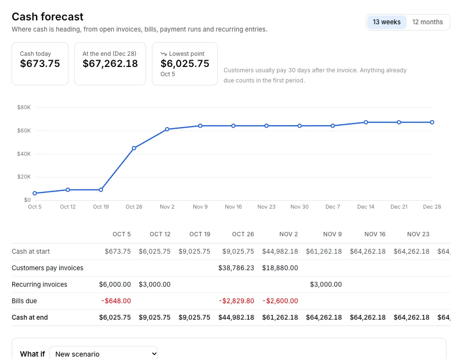 The cash forecast: cash today, the lowest point and the next 13 weeks by category